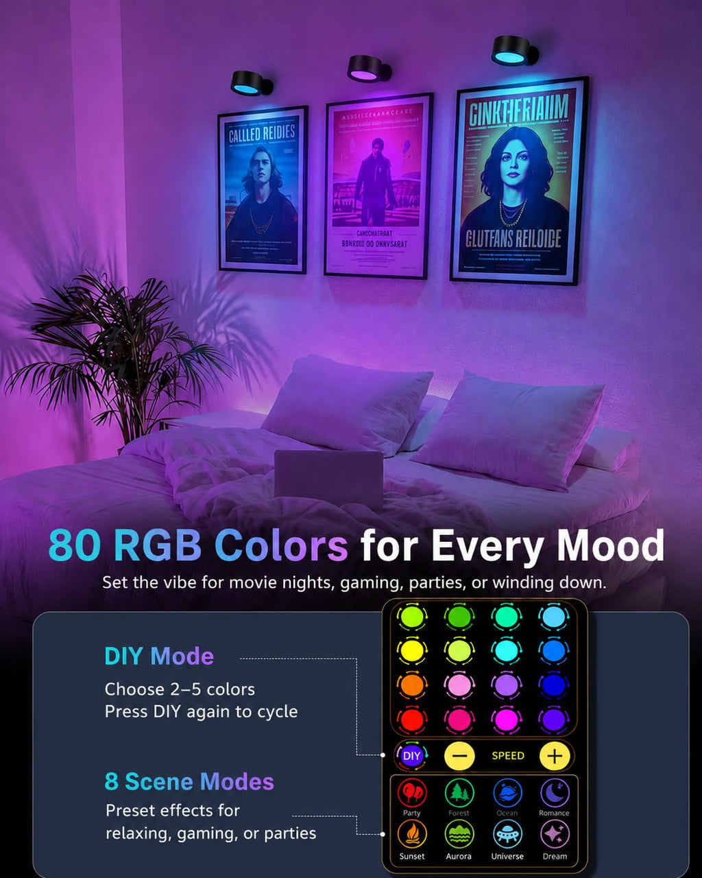 Rechargeable RGB wall sconces, set of 3, dimmable home decor lighting