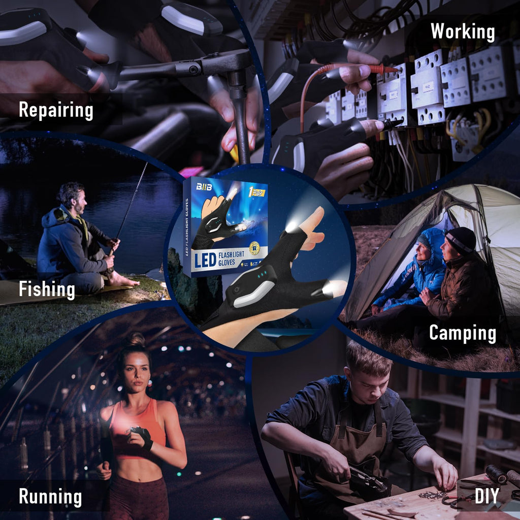 BIIB Rechargeable Flashlight Gloves – Hands-Free LED, Waterproof, Adjustable Fit for Camping Fishing & Outdoor Work