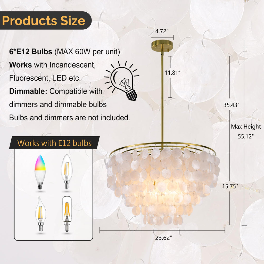 Capiz Shell 6-Light Coastal Chandelier for Dining Room Decor