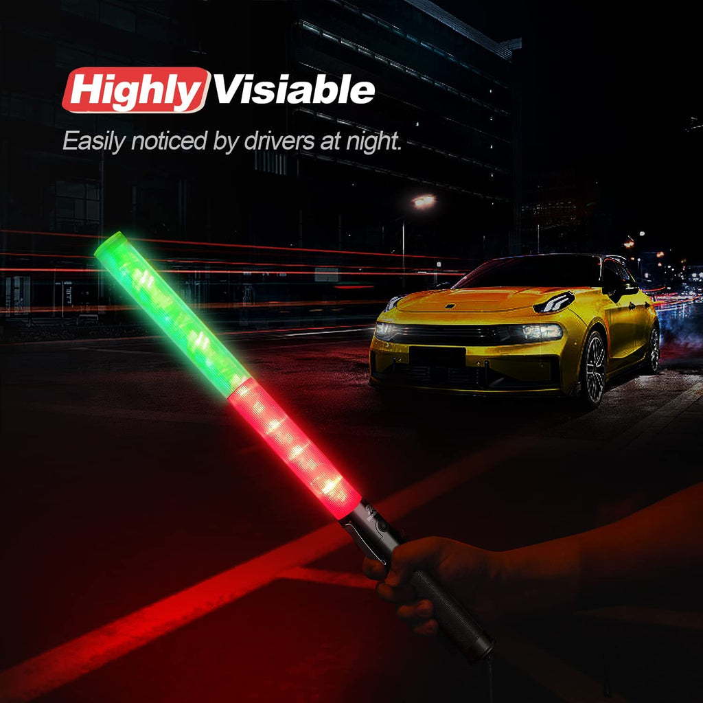 2-Pack LED Traffic Wands 21 Inch – Red & Green, 3 Flashing Modes, Safety Baton with Side Clip for Airport & Parking Control