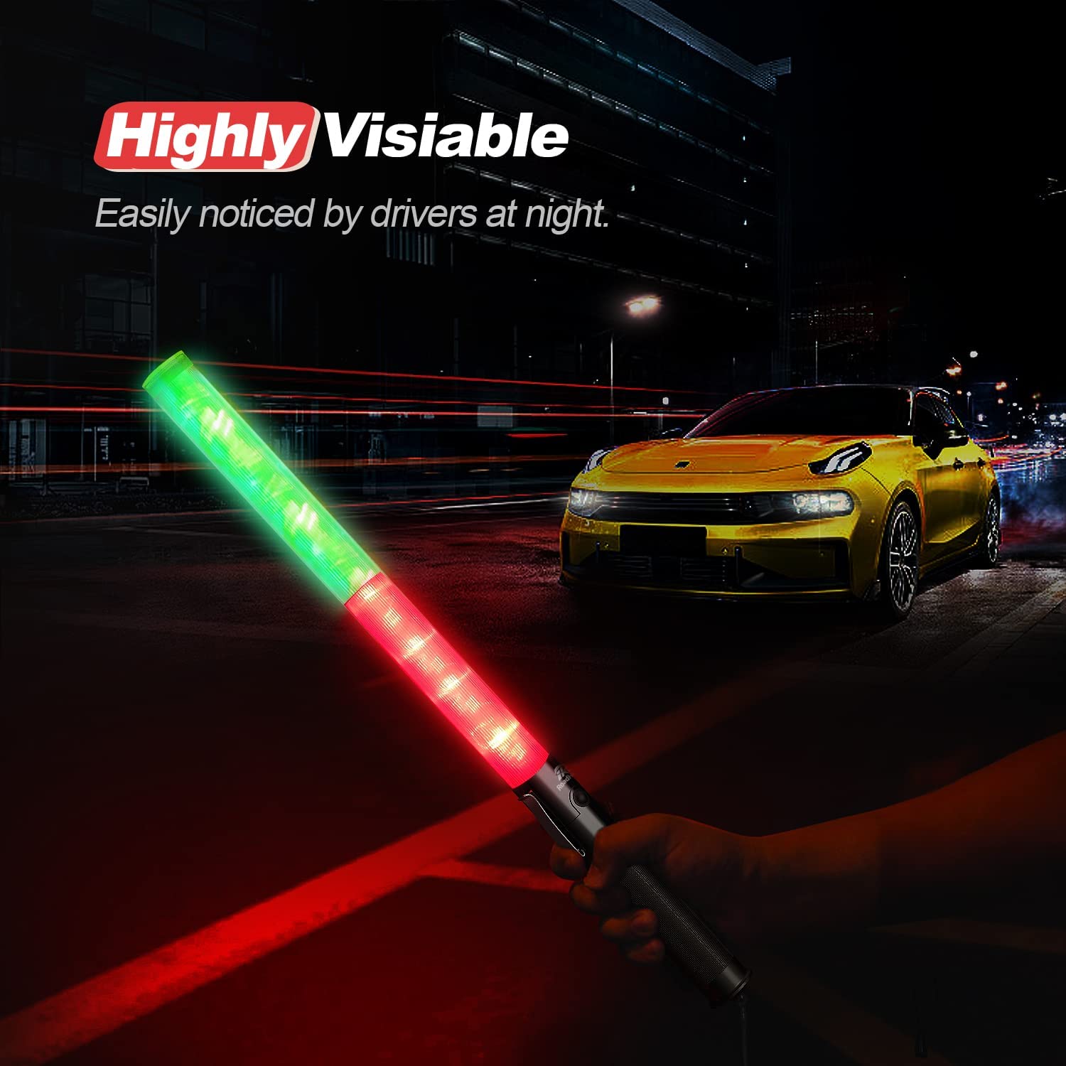 2-Pack LED Traffic Wands 21 Inch – Red & Green, 3 Flashing Modes, Safety Baton with Side Clip for Airport & Parking Control