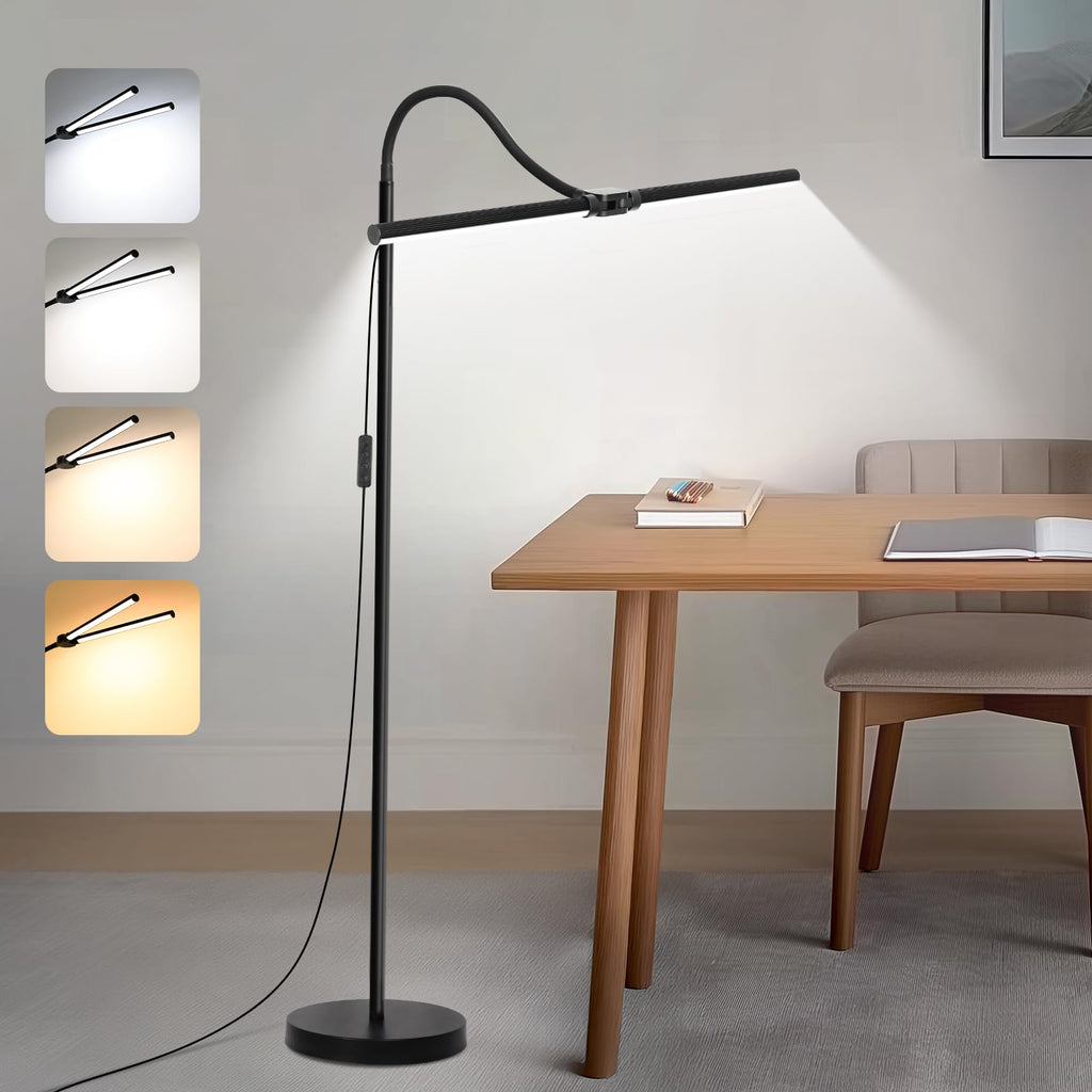 Double-head LED floor lamp with adjustable gooseneck and dimmable eye-care lighting