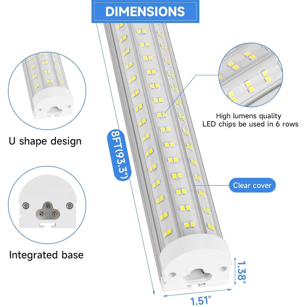 8-Pack 8FT LED Shop Lights U-Shape – 125W, 20000LM, 6500K Daylight White, Linkable for Garage & Workshop