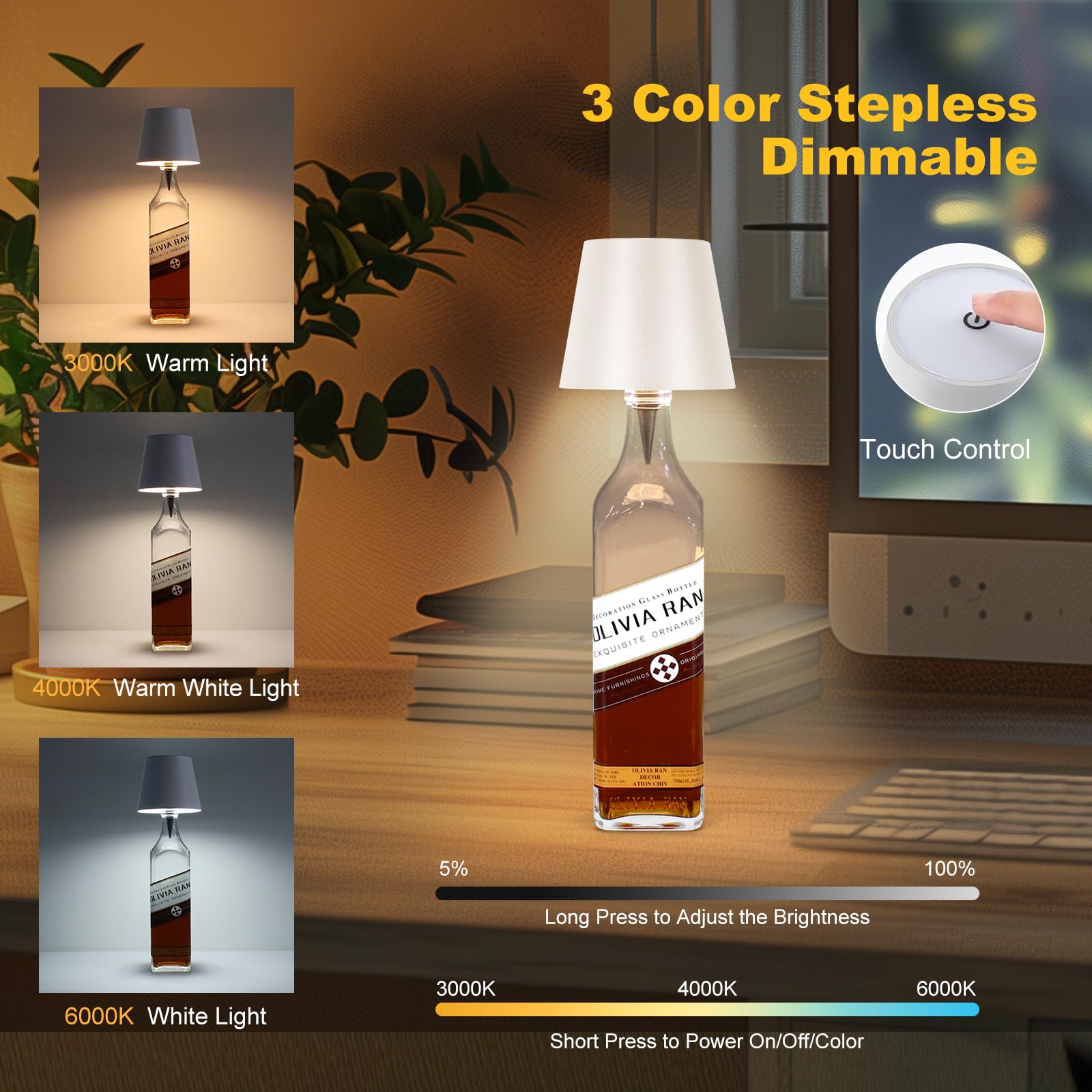 Rechargeable LED bottle lamp with 3 color modes for decor