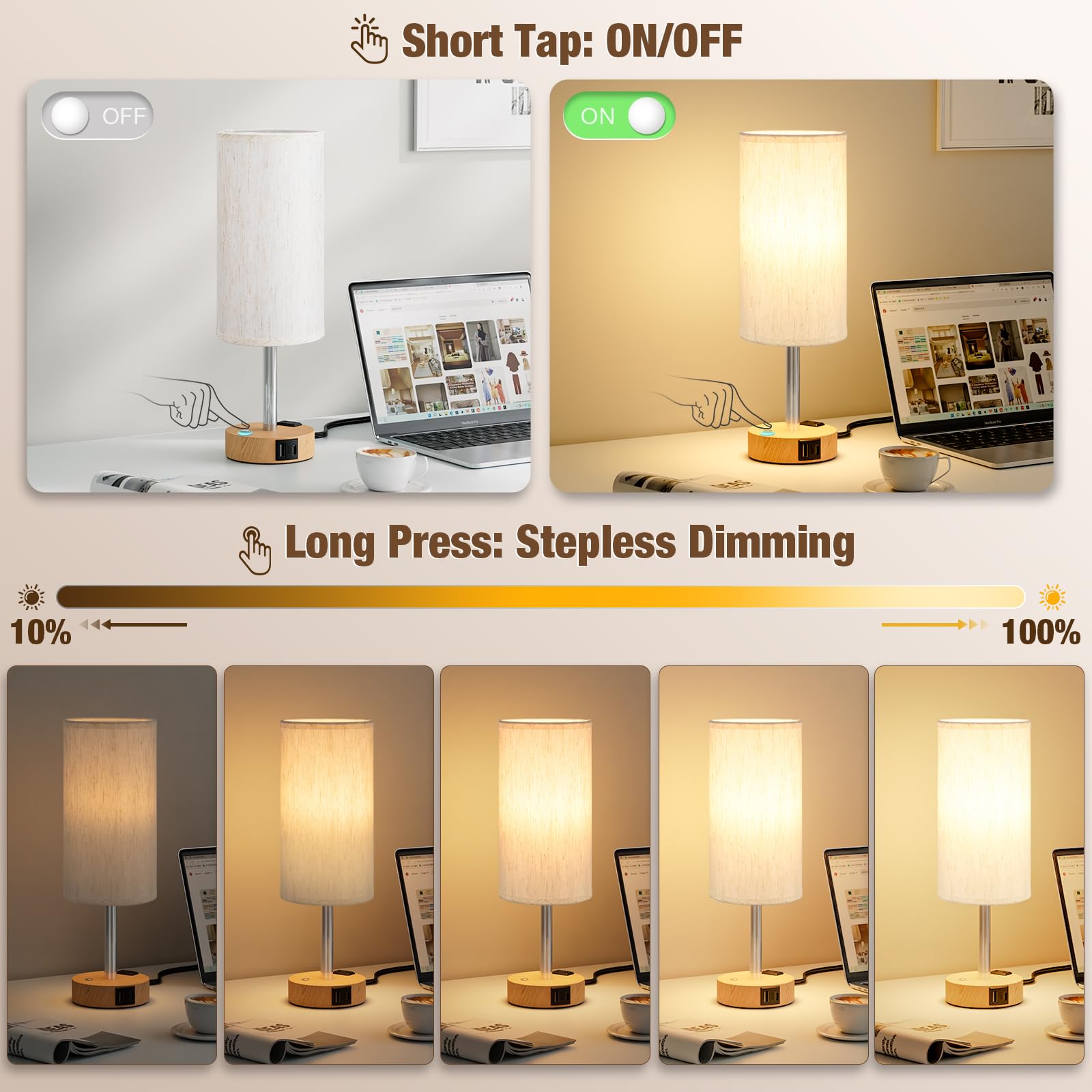 Touch control bedside table lamp with dual USB charging ports, wood