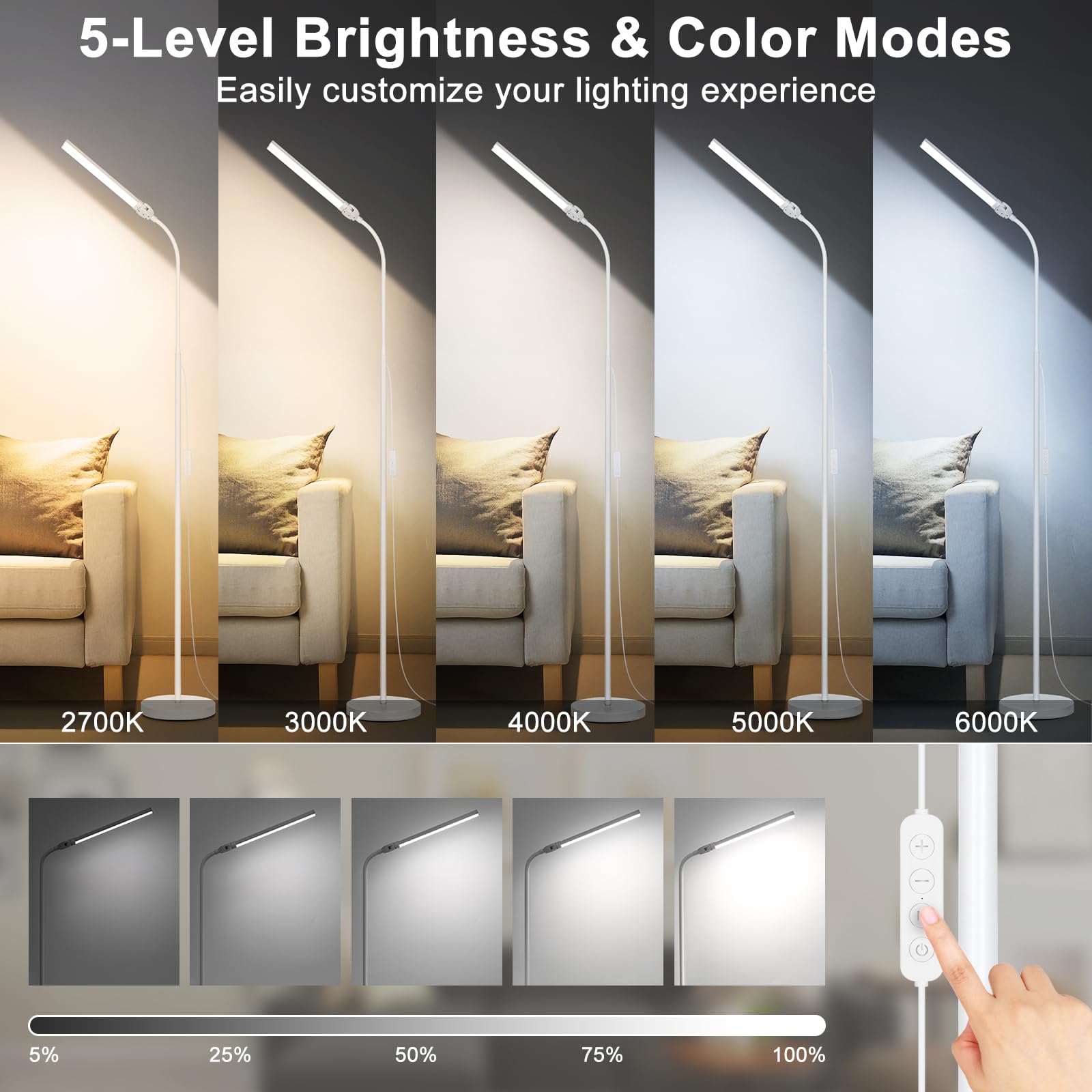 Adjustable gooseneck LED task floor lamp for reading and study