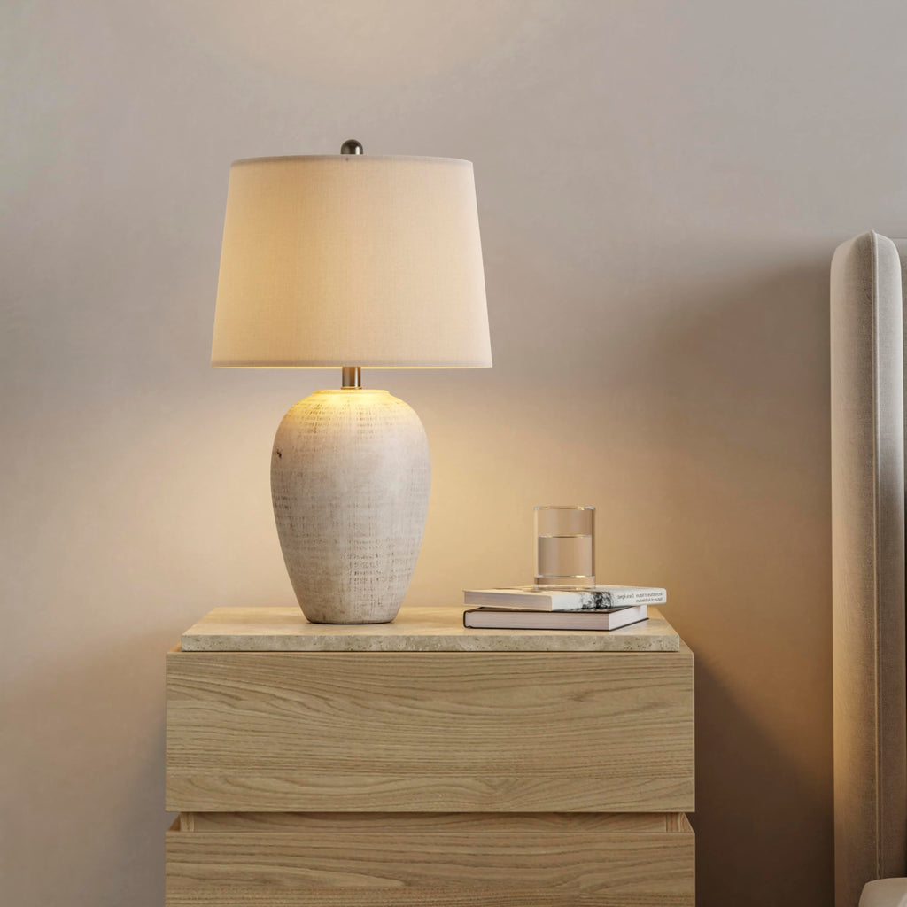 23-inch rustic ceramic jar table lamp with ivory shade, cream beige