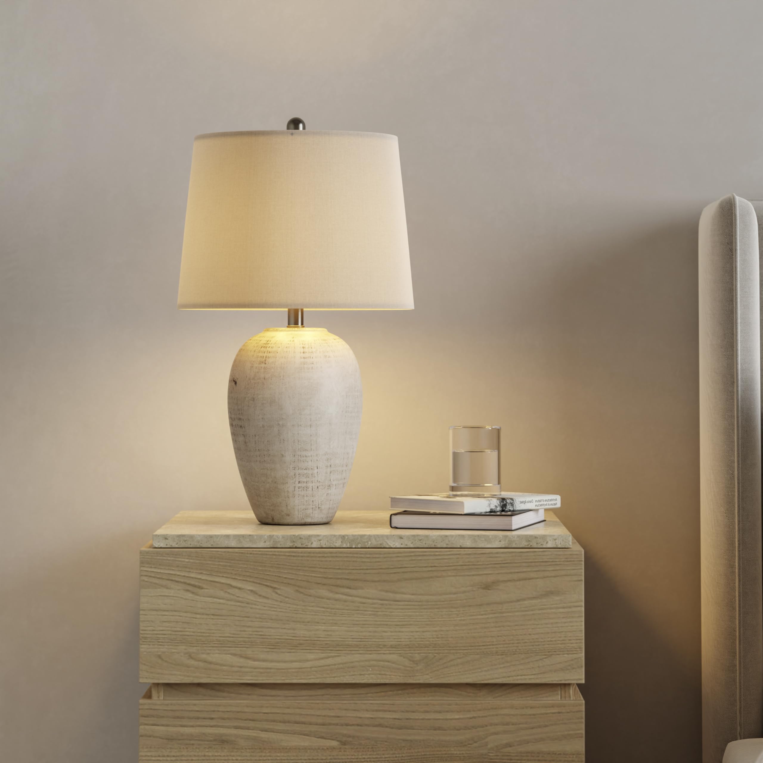 23-inch rustic ceramic jar table lamp with ivory shade, cream beige