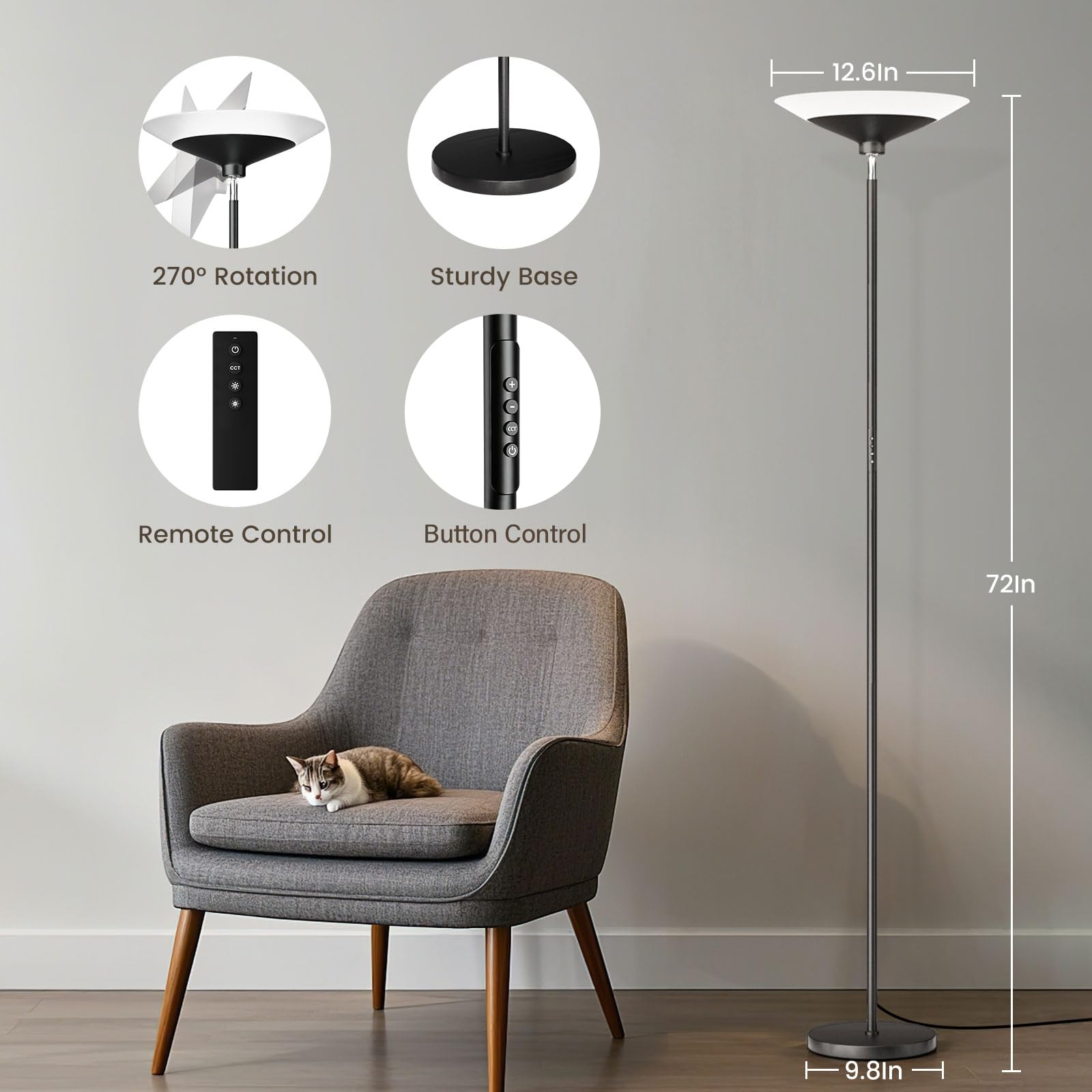 72-inch torchiere floor lamp with dimmable 3000-6500K LED and remote control