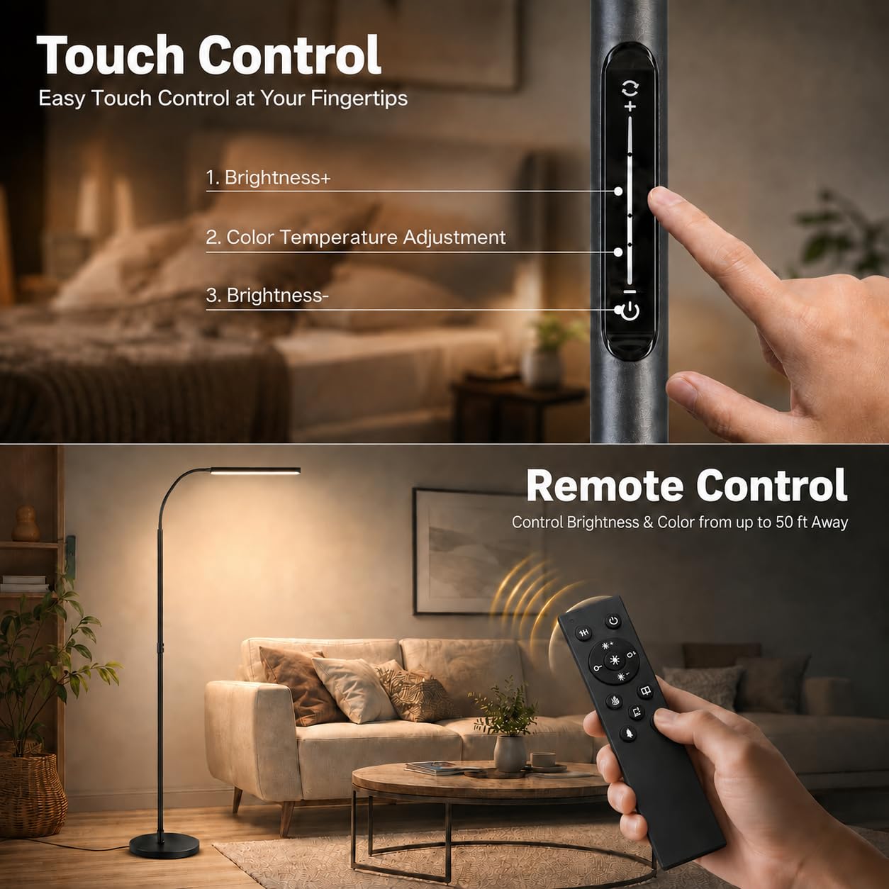 LED floor lamp with stepless dimming and 3000K-6000K color temperature