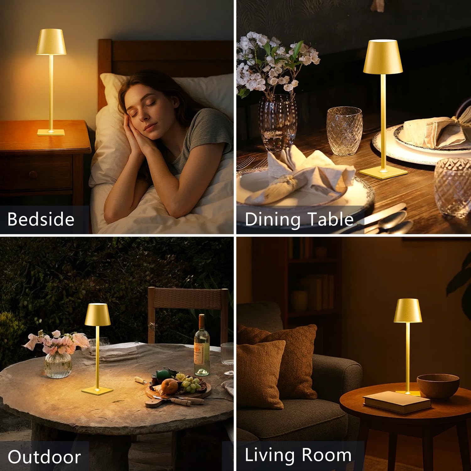 Cordless rechargeable table lamp 2-pack, waterproof, gold
