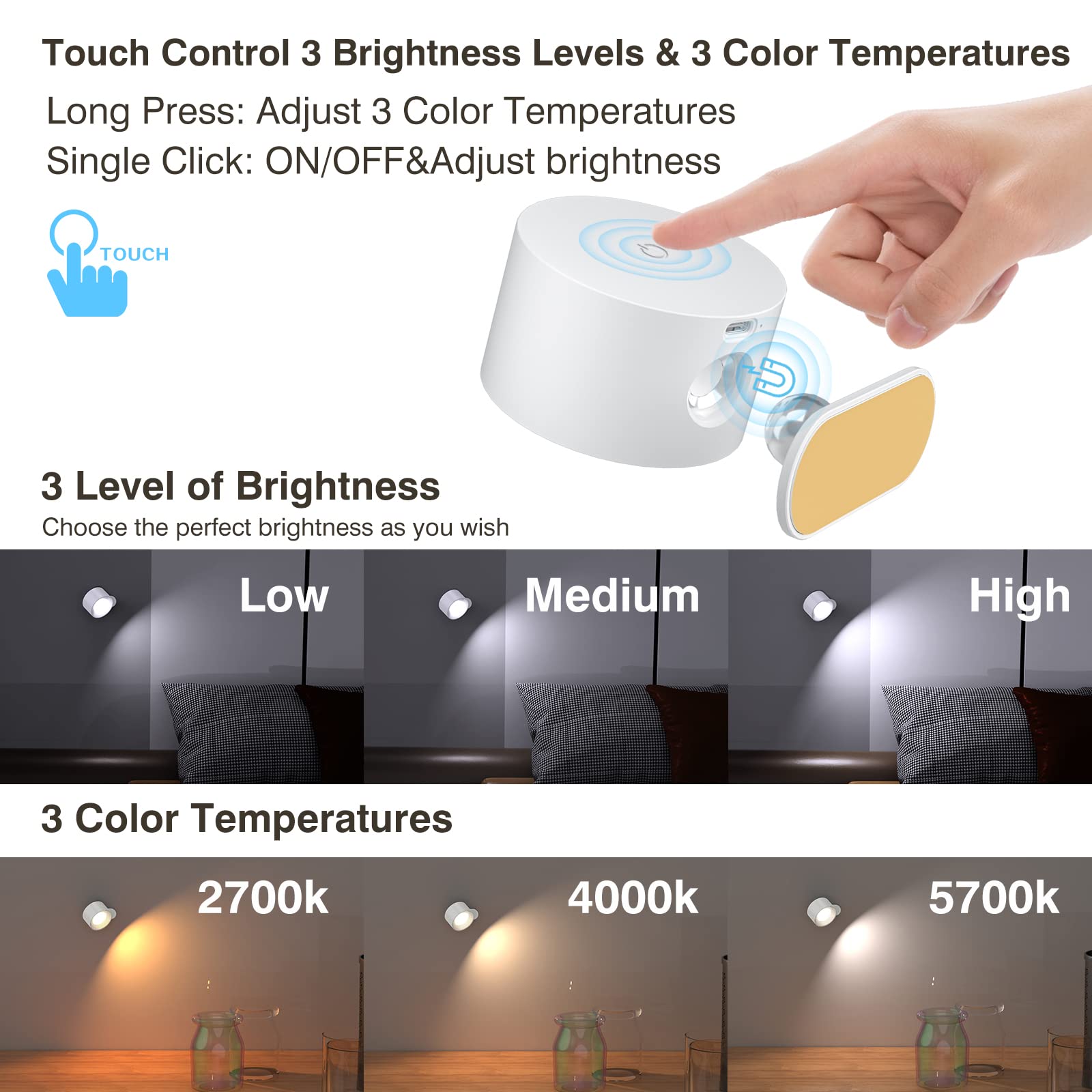 Cordless rechargeable LED wall sconce for reading nook home decor