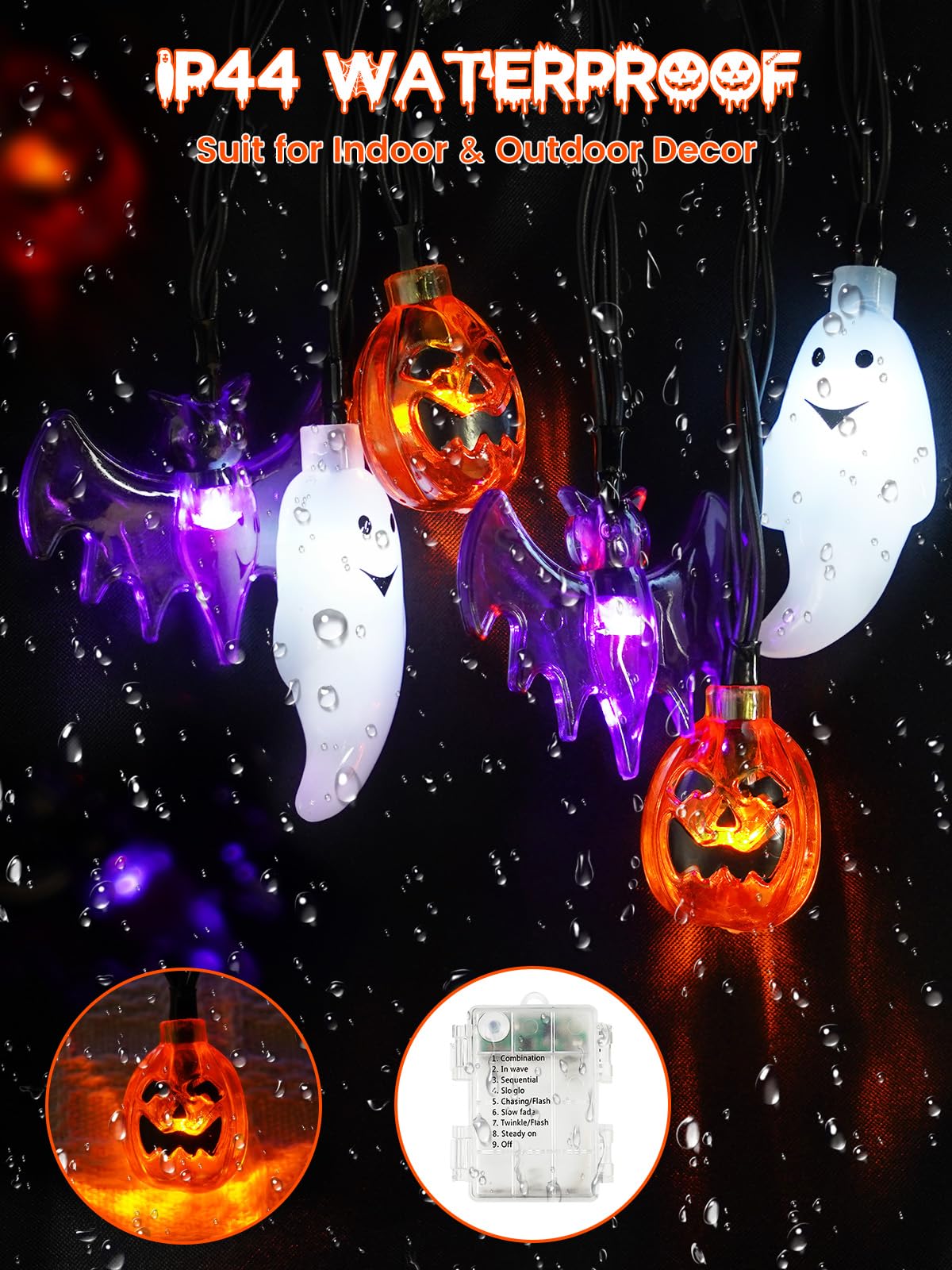 Halloween pumpkin, bat and ghost string light, 30 LED with timer