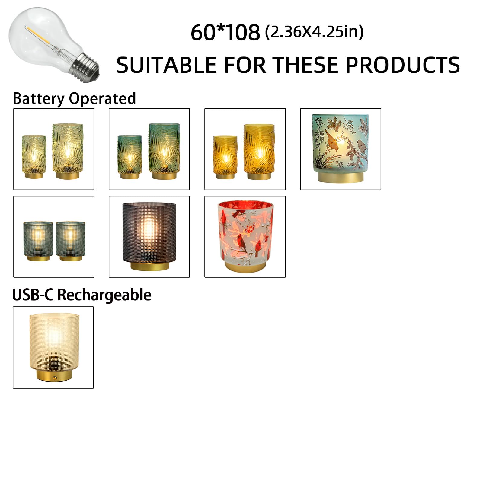 MJ PREMIER E27 LED Bulb 3V Battery Operated – 0.13W, Warm White, Glass, 60x108mm for Special Table Lamps & Custom Lighting