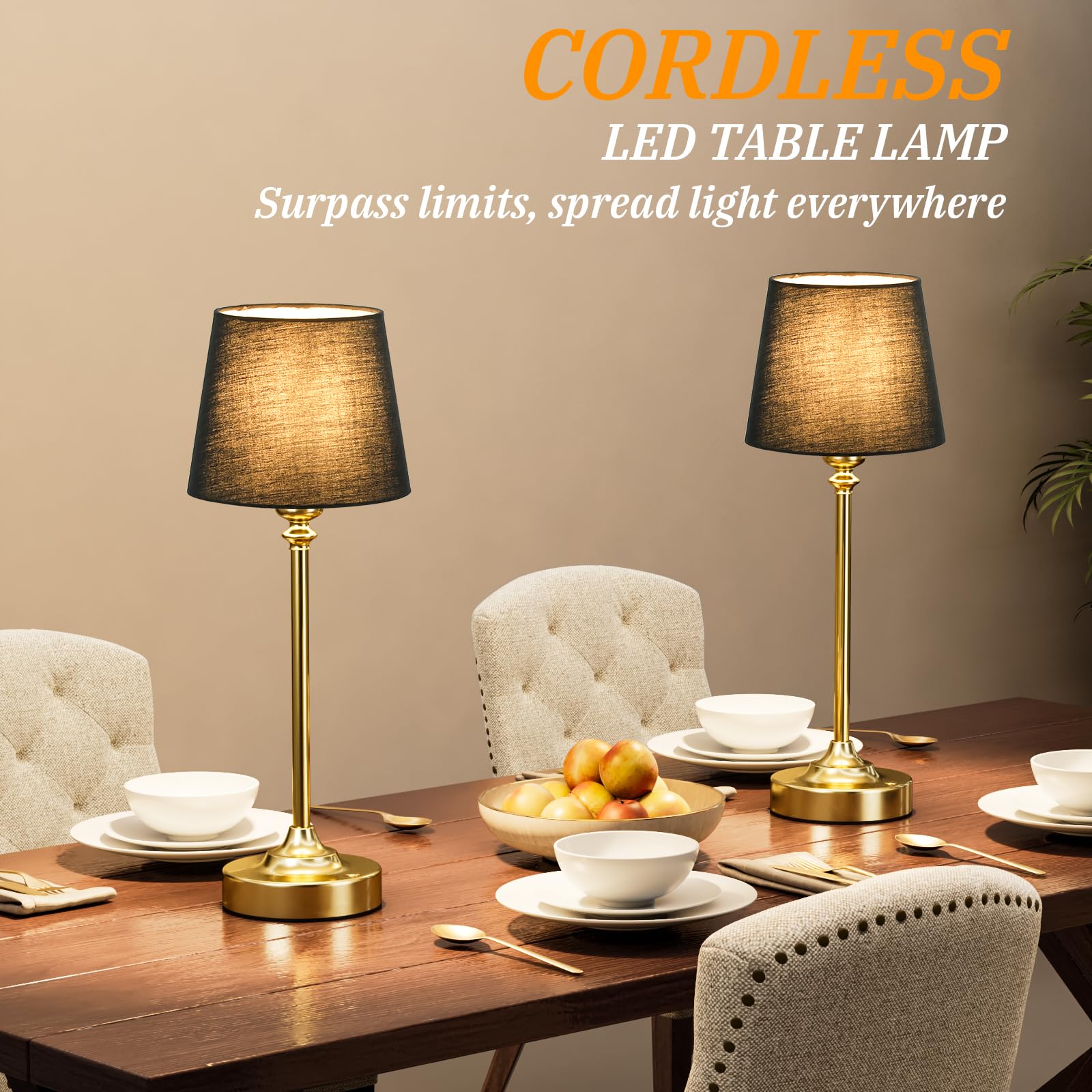 2-Pack Cordless Table Lamps Rechargeable – 4000mAh Battery, Brass Touch Dimming, 3000K Warm Light for Bedroom & Dining Room