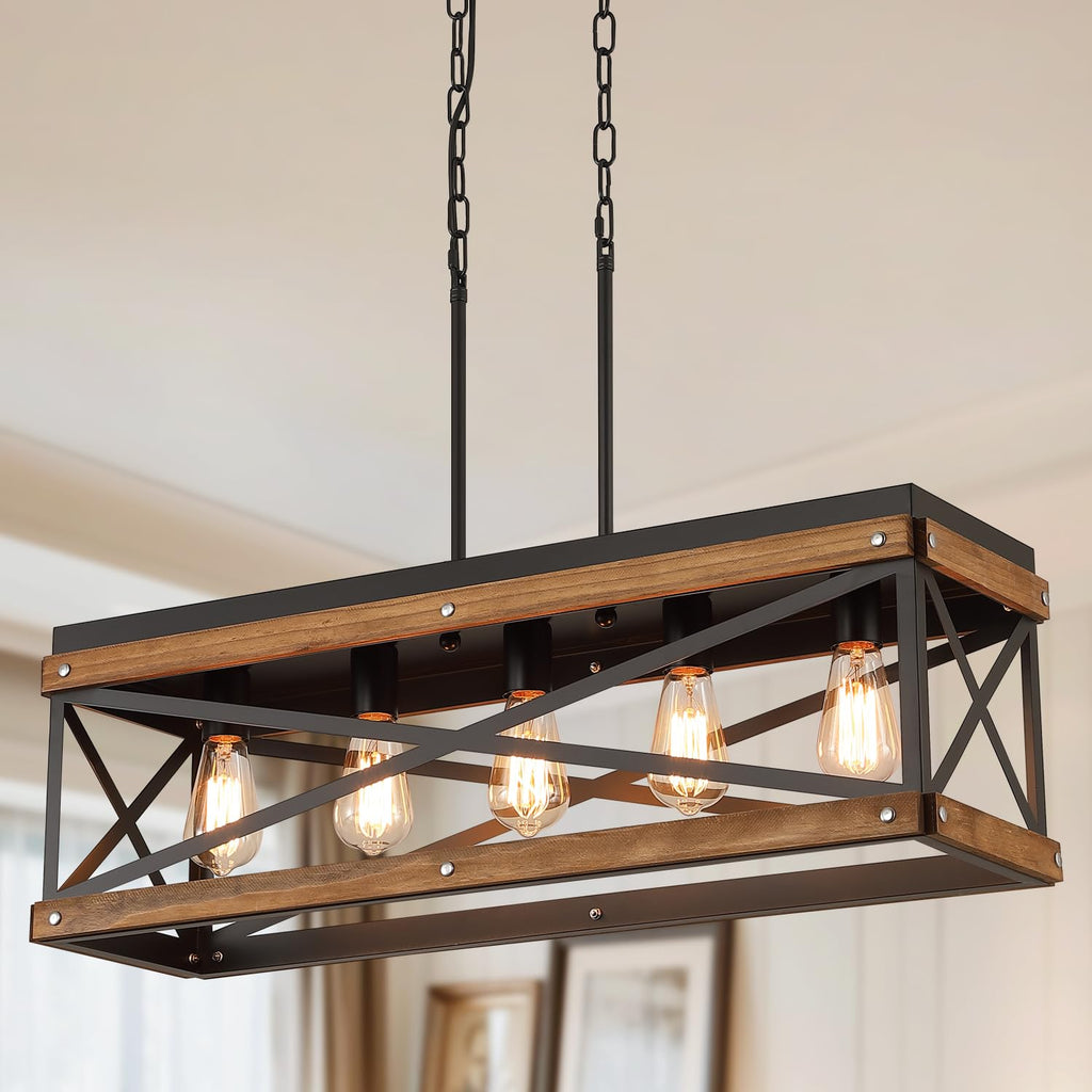 Oak Wood 5-Light Rectangular Farmhouse Pendant for Kitchen Decor