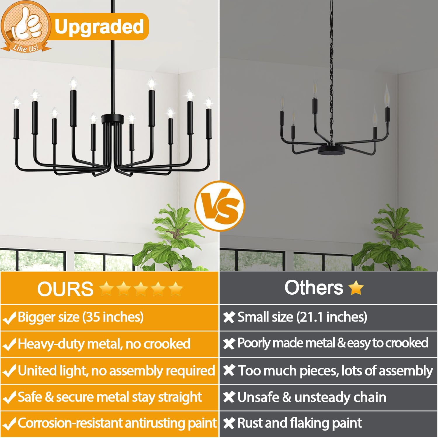 Black 10-light farmhouse chandelier for dining room decor