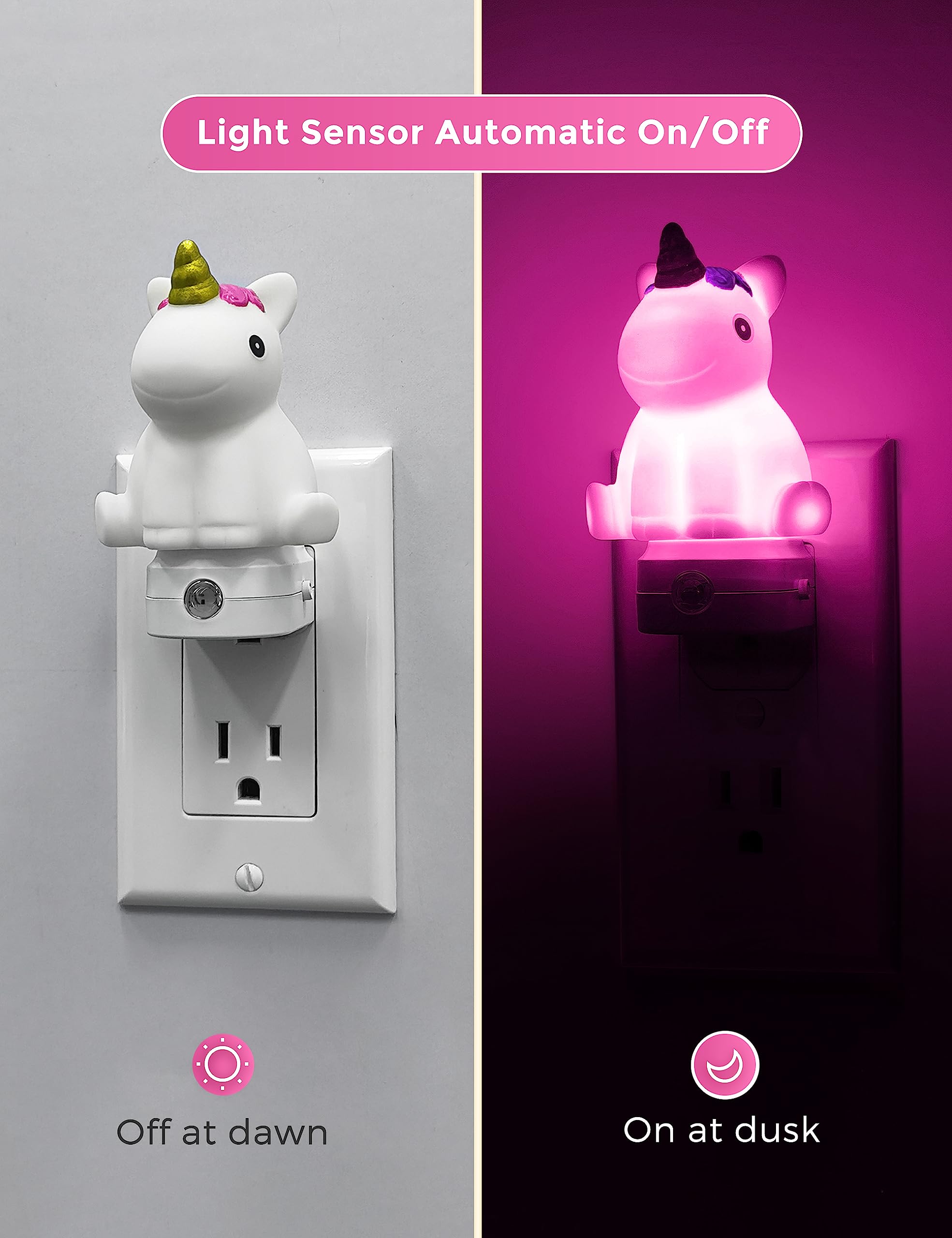 Color-changing plug-in night light with dusk-to-dawn sensor for kids' rooms
