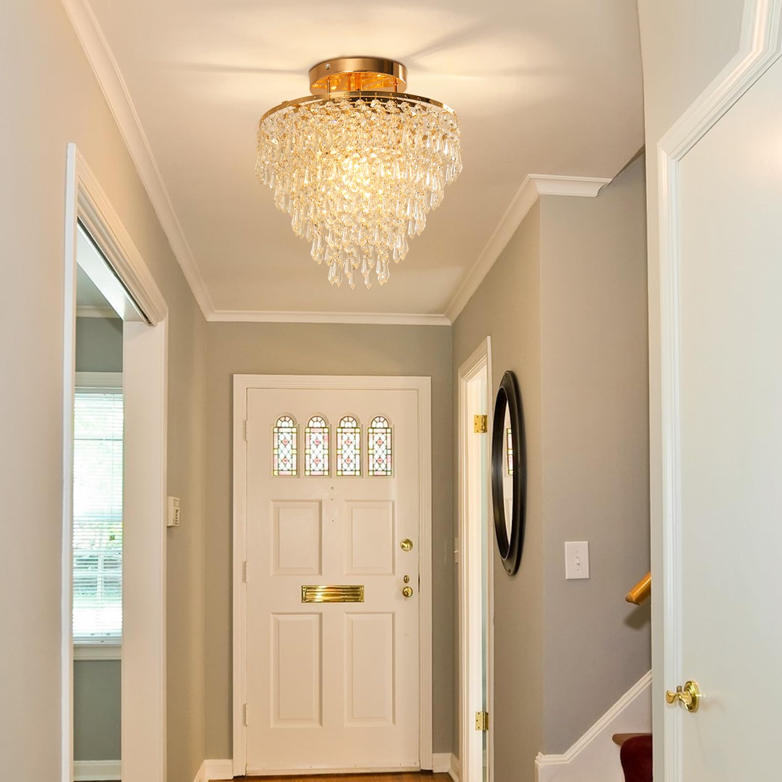 Gold Crystal 5-Tier Flush Mount Chandelier for Bedroom Decor