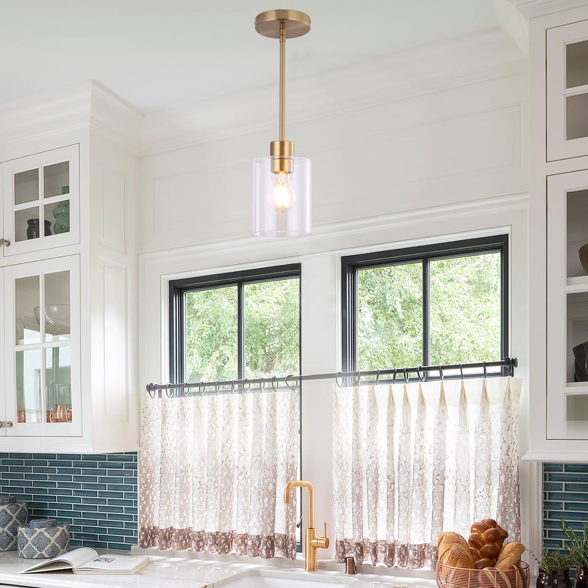Brass pendant light, adjustable rod, farmhouse kitchen decor