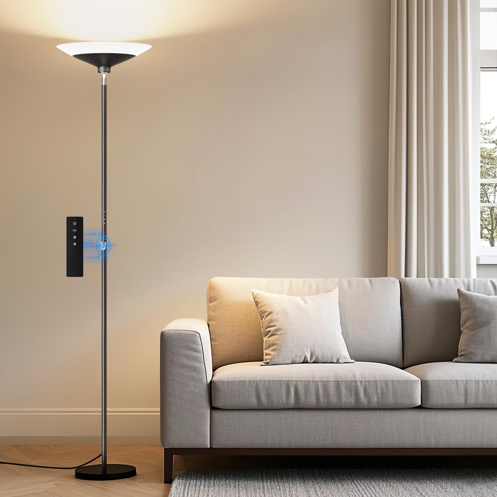 72-inch torchiere floor lamp with dimmable 3000-6500K LED and remote control