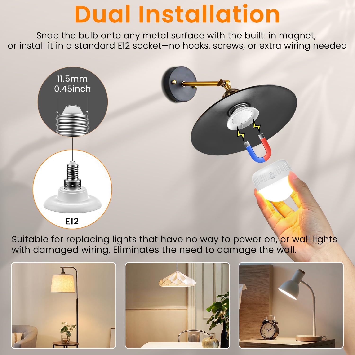 2-Pack E12 Rechargeable LED Bulbs with Remote – 5W 350LM, 3 Color Temps, Magnetic Battery Operated for Candelabra Chandeliers
