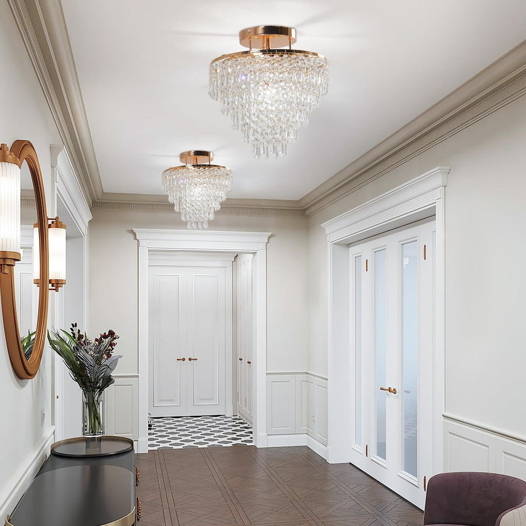 Gold Crystal 5-Tier Flush Mount Chandelier for Bedroom Decor