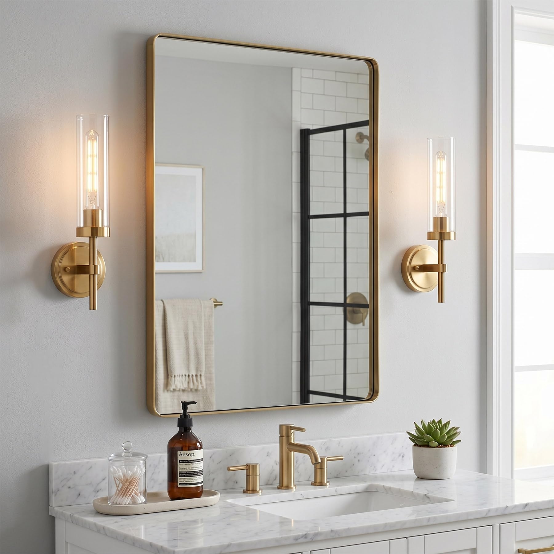 Set of 2 brushed brass hardwired wall sconces for mirror and hallway decor