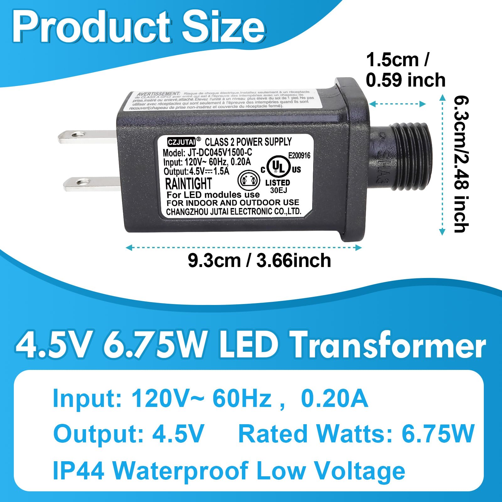 4.5V 1.5A Power Supply Adapter – 6.75W, IP44 Waterproof, Universal DC for Christmas Lights & Inflatable Decorations