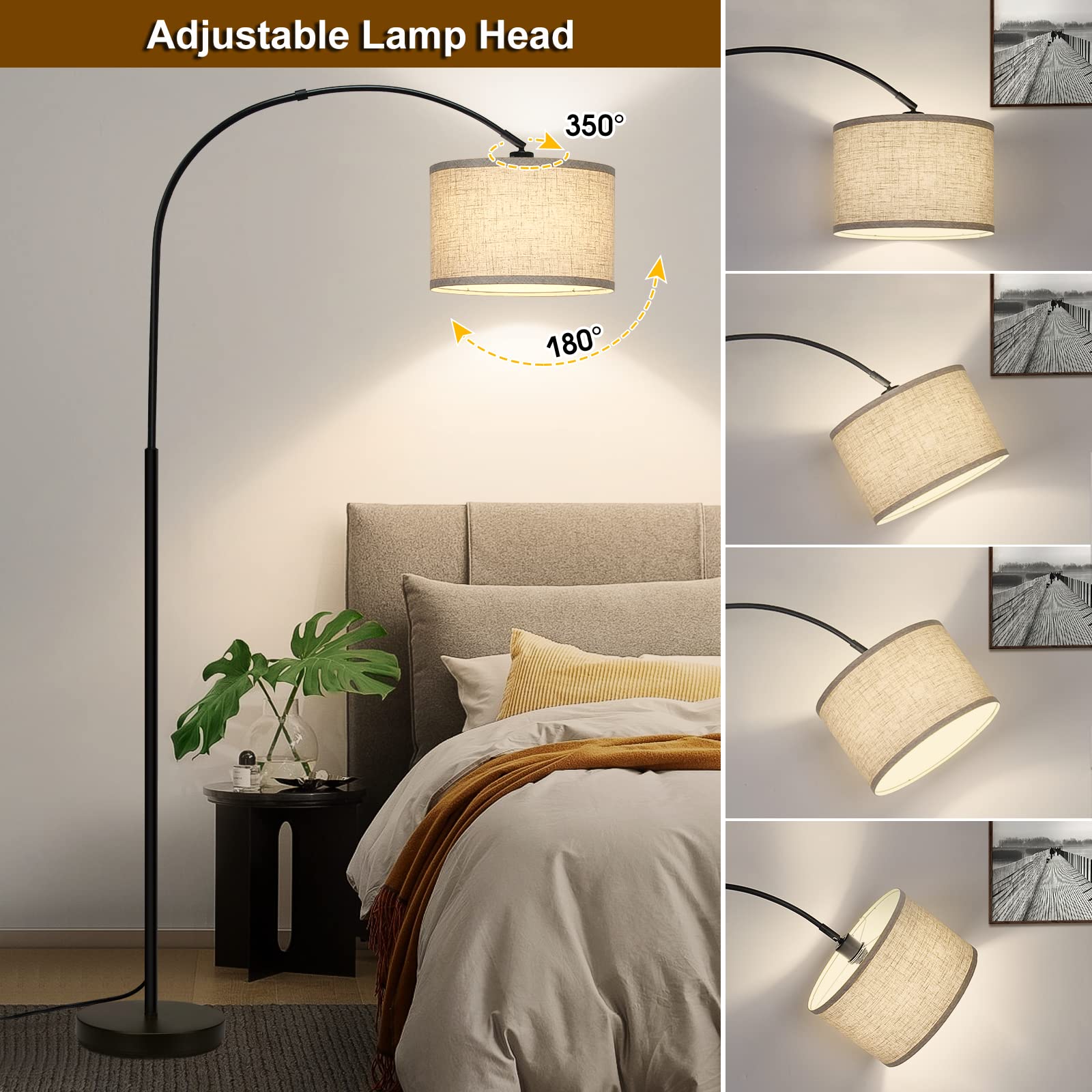 Arc floor lamp with adjustable drum shade for reading nooks
