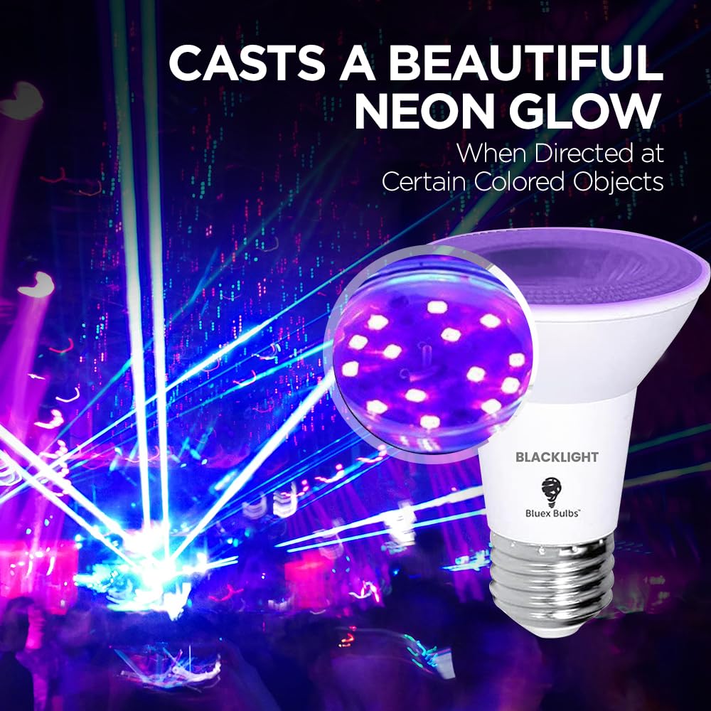 4-Pack PAR20 LED Black Light Bulbs – 10W (100W Equivalent), E26 Base, 385-400nm UV, for Body Paint & Glow Parties