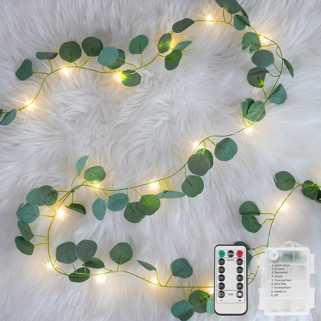 Eucalyptus garland string light, battery-operated, 33 ft, 100 LEDs