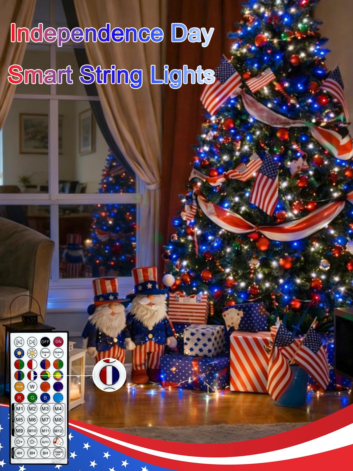 132-ft red white and blue RGB outdoor string lights with app and timer