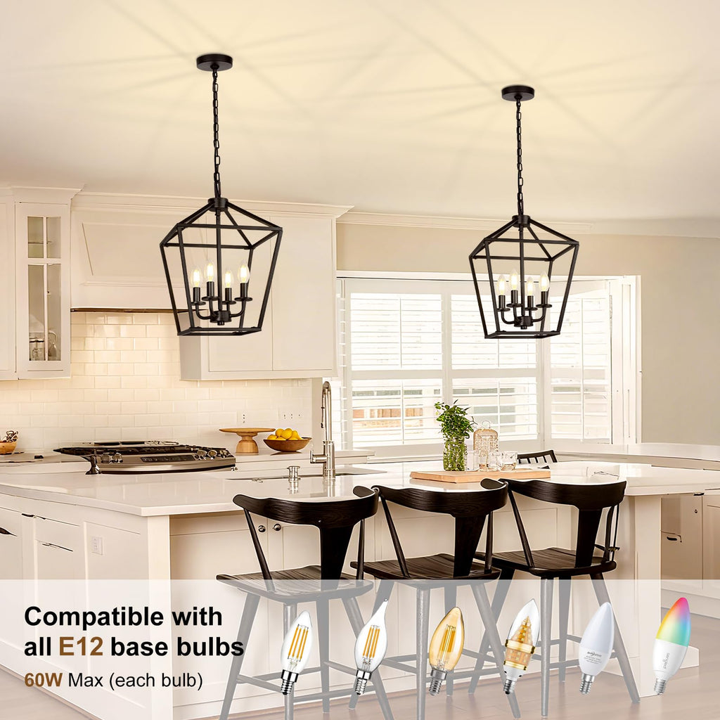 Black 4-Light Cage Lantern Chandelier, Farmhouse Decor for Entryway