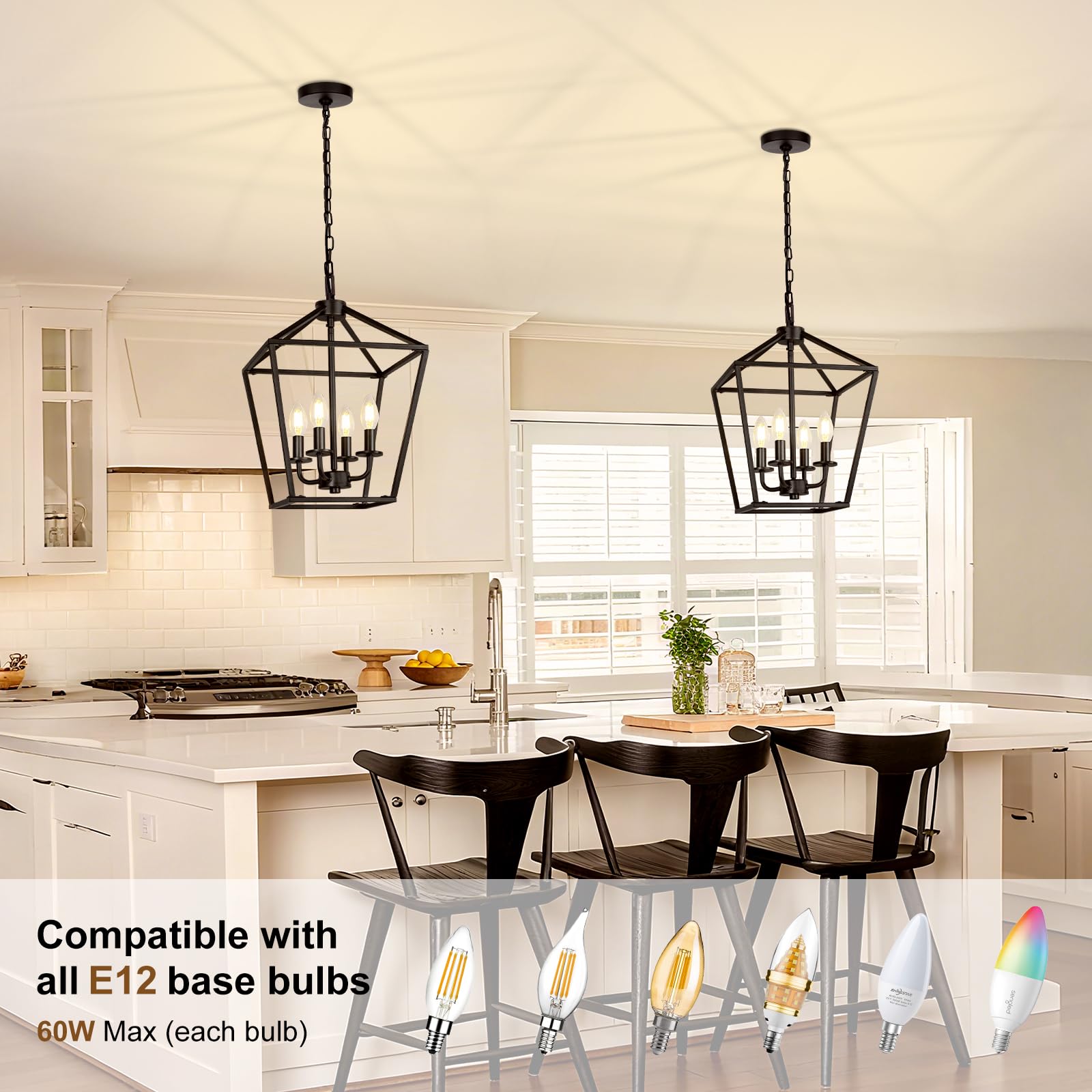 Black 4-Light Cage Lantern Chandelier, Farmhouse Decor for Entryway