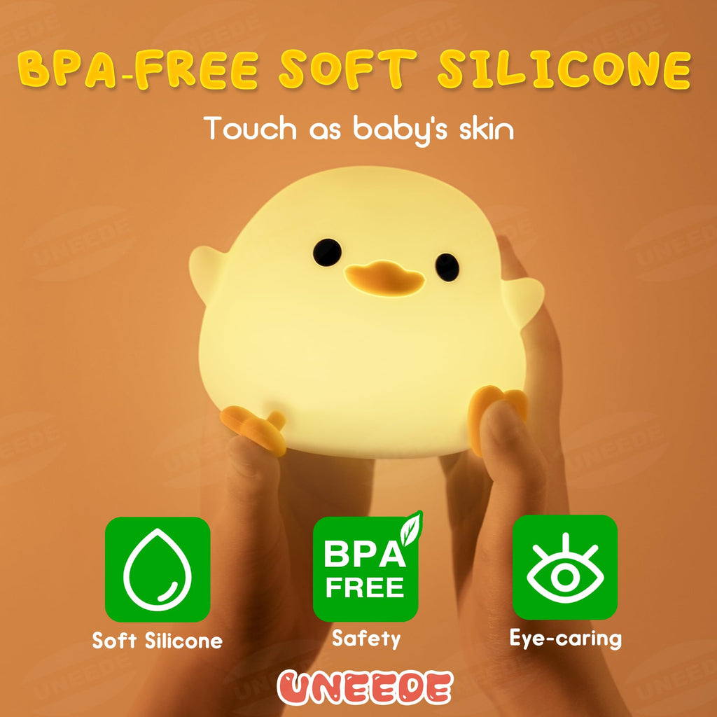 Squishy duck-shaped silicone night light with touch sensor and dimming