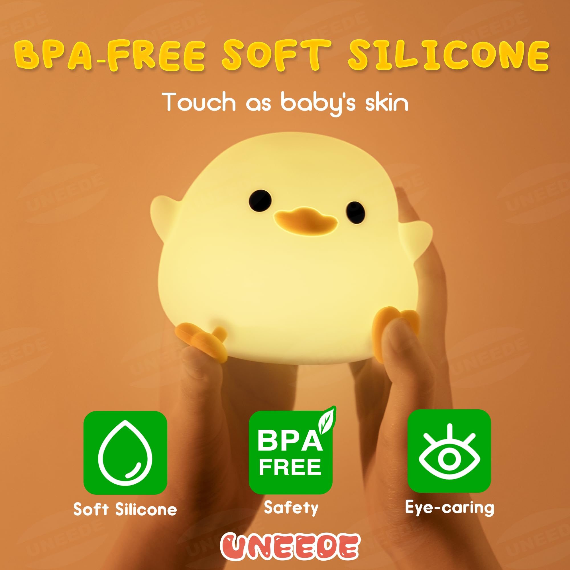 Squishy duck-shaped silicone night light with touch sensor and dimming