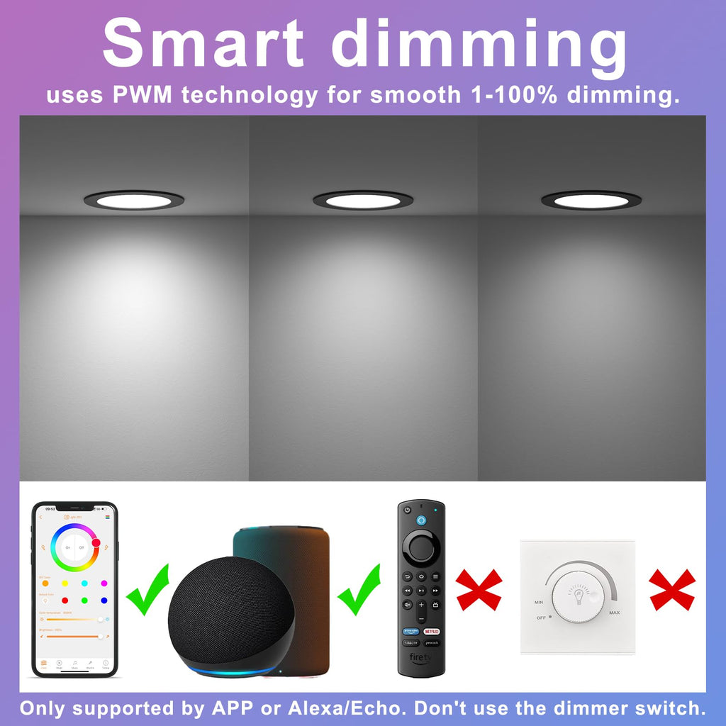 6-Pack Smart Recessed LED Lights 6 Inch – RGBCW Color Changing, 16W 1350LM, Dimmable Bluetooth & Alexa Compatible for Ceiling Installation