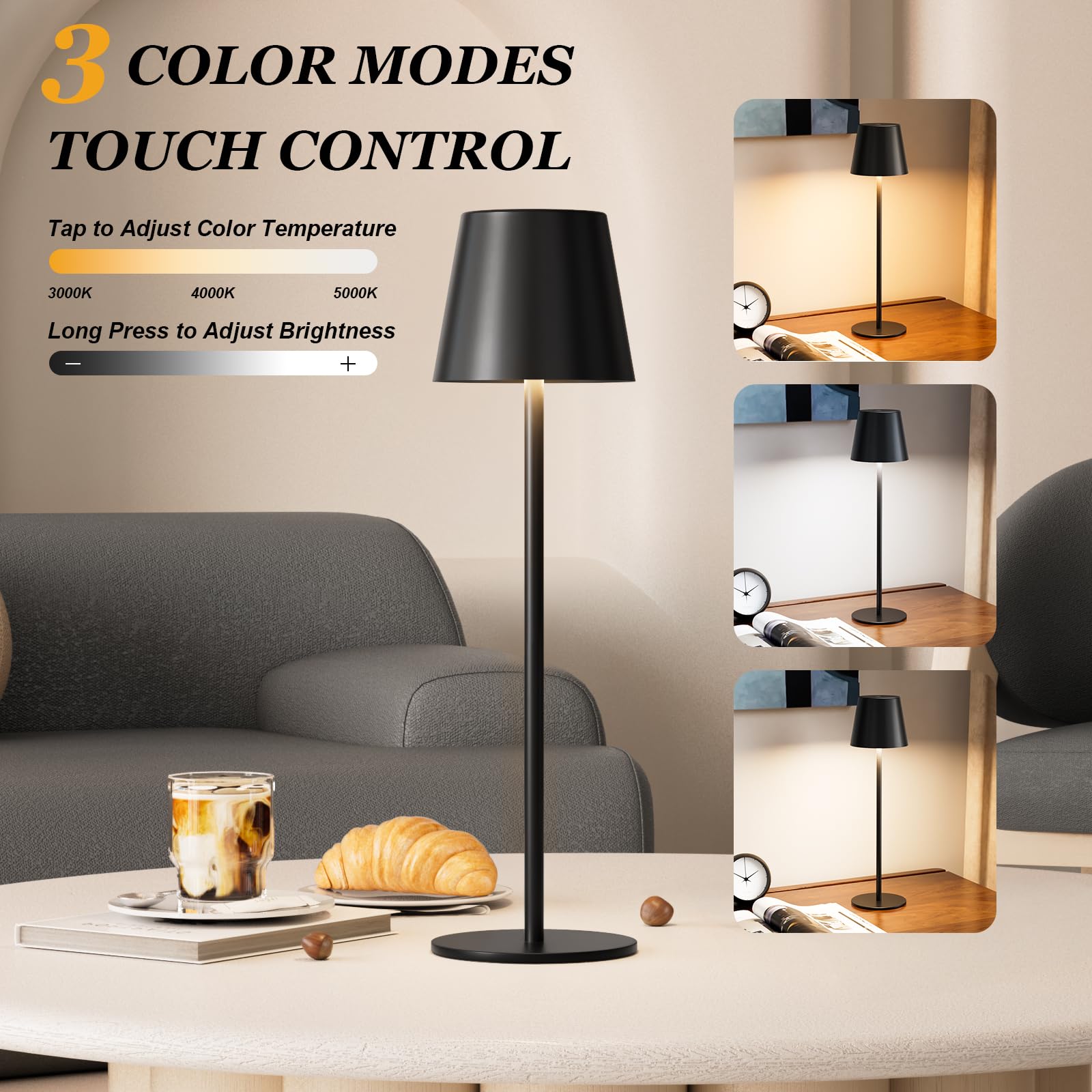 Cordless rechargeable table lamp, 5000mAh battery, 3-color dimming