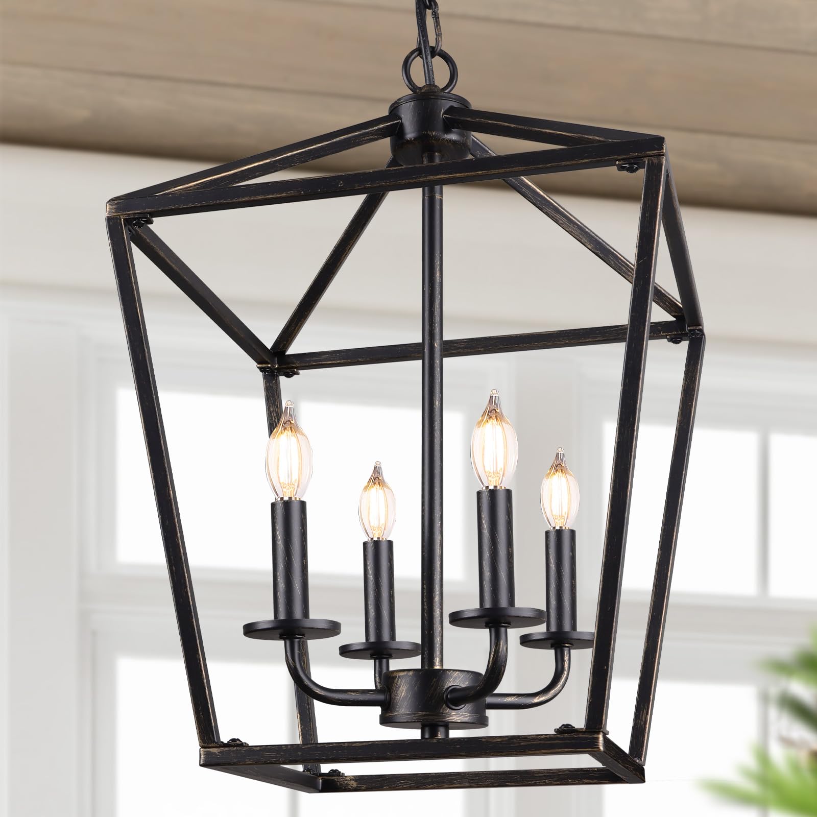 Black and Gold 4-Light Farmhouse Cage Chandelier for Kitchen Decor