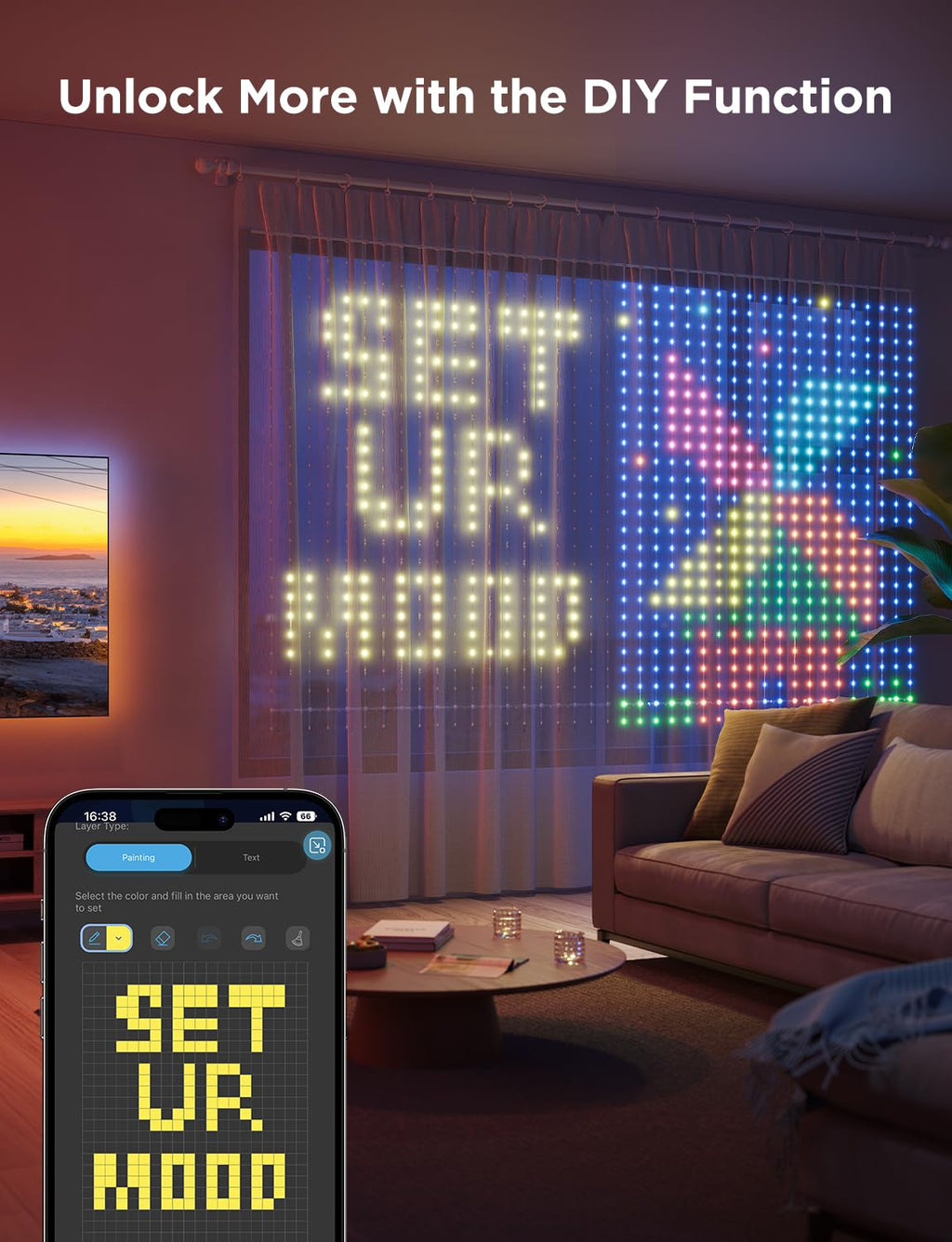 Smart RGBIC curtain string light, 1560 LEDs, IP65 waterproof