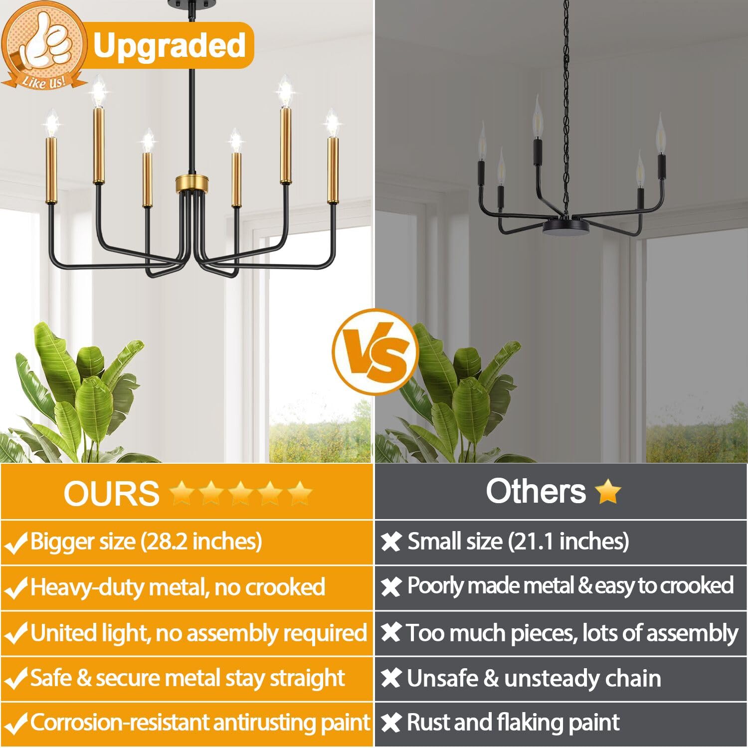 6-light black and gold farmhouse chandelier for dining room decor