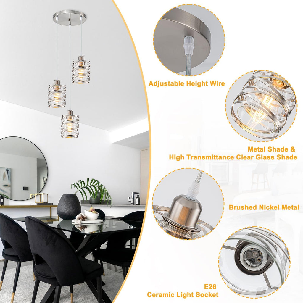 Brushed Nickel 3-Light Cluster Pendant with Glass Shades for Kitchen Decor