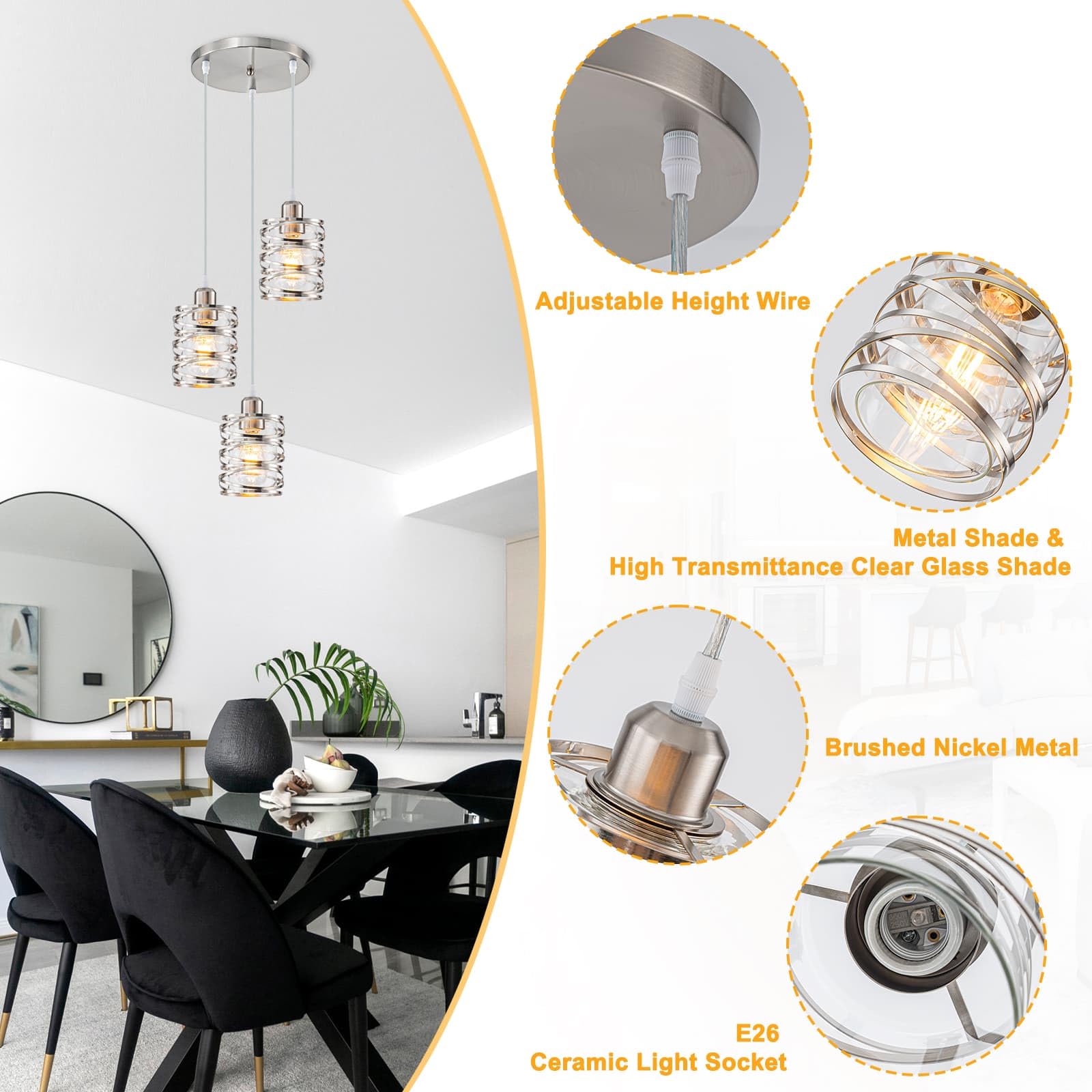 Brushed Nickel 3-Light Cluster Pendant with Glass Shades for Kitchen Decor