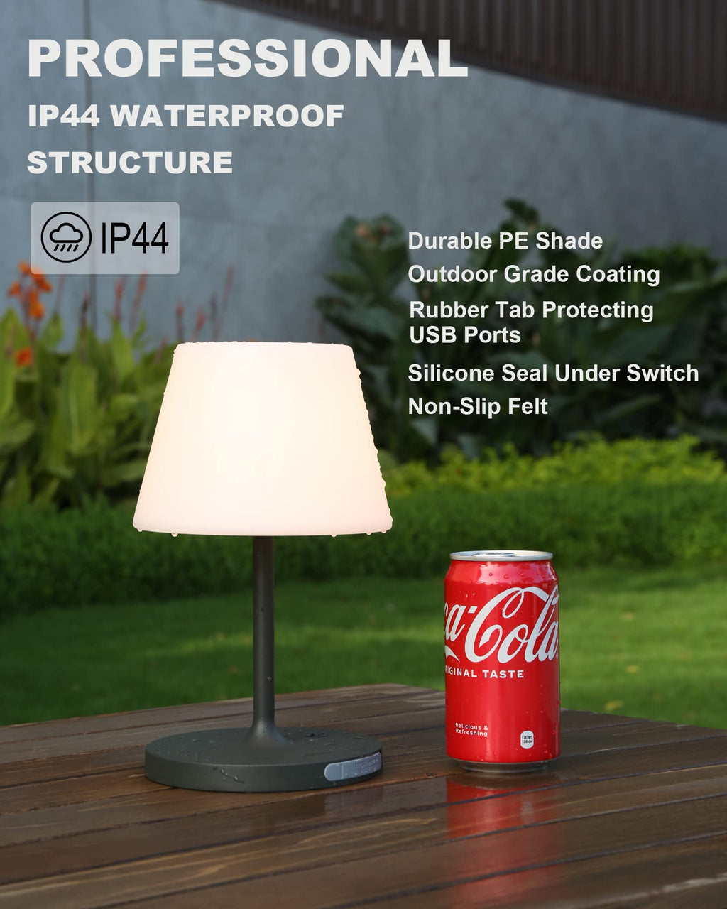 Waterproof battery-powered outdoor table lamp with touch dimming