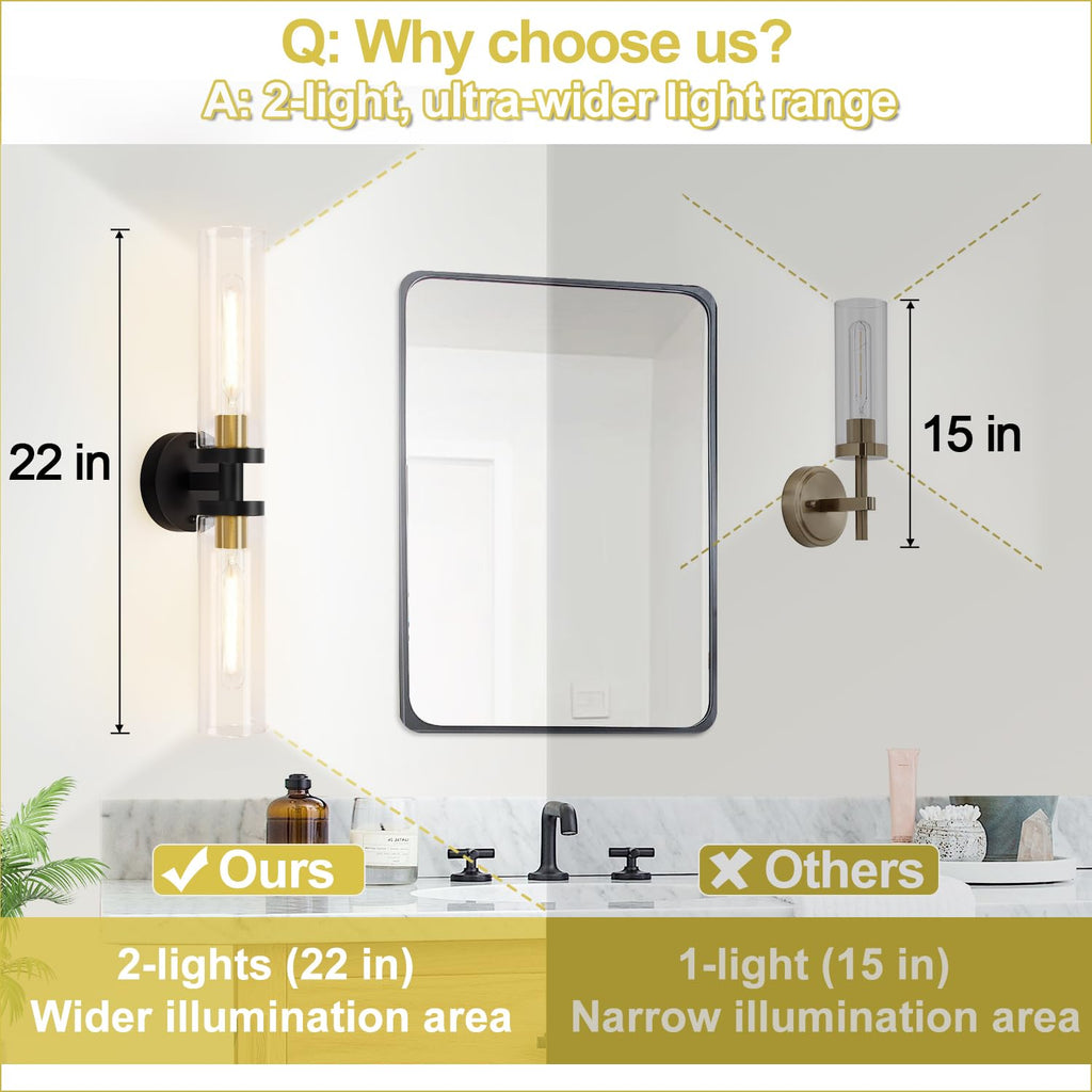 Set of 2 black and gold hardwired wall sconces for bathroom mirror decor