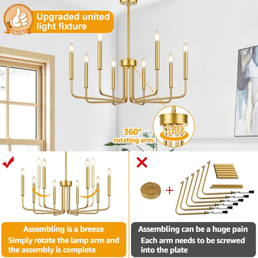 8-light gold industrial farmhouse chandelier for dining room decor