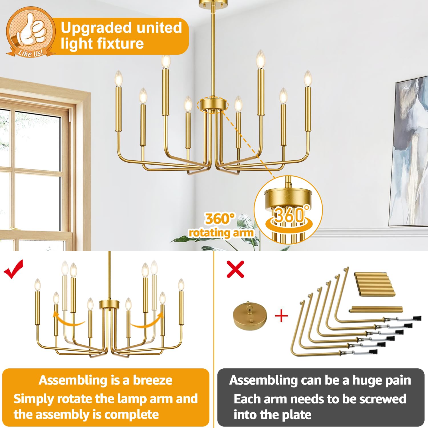 8-light gold industrial farmhouse chandelier for dining room decor