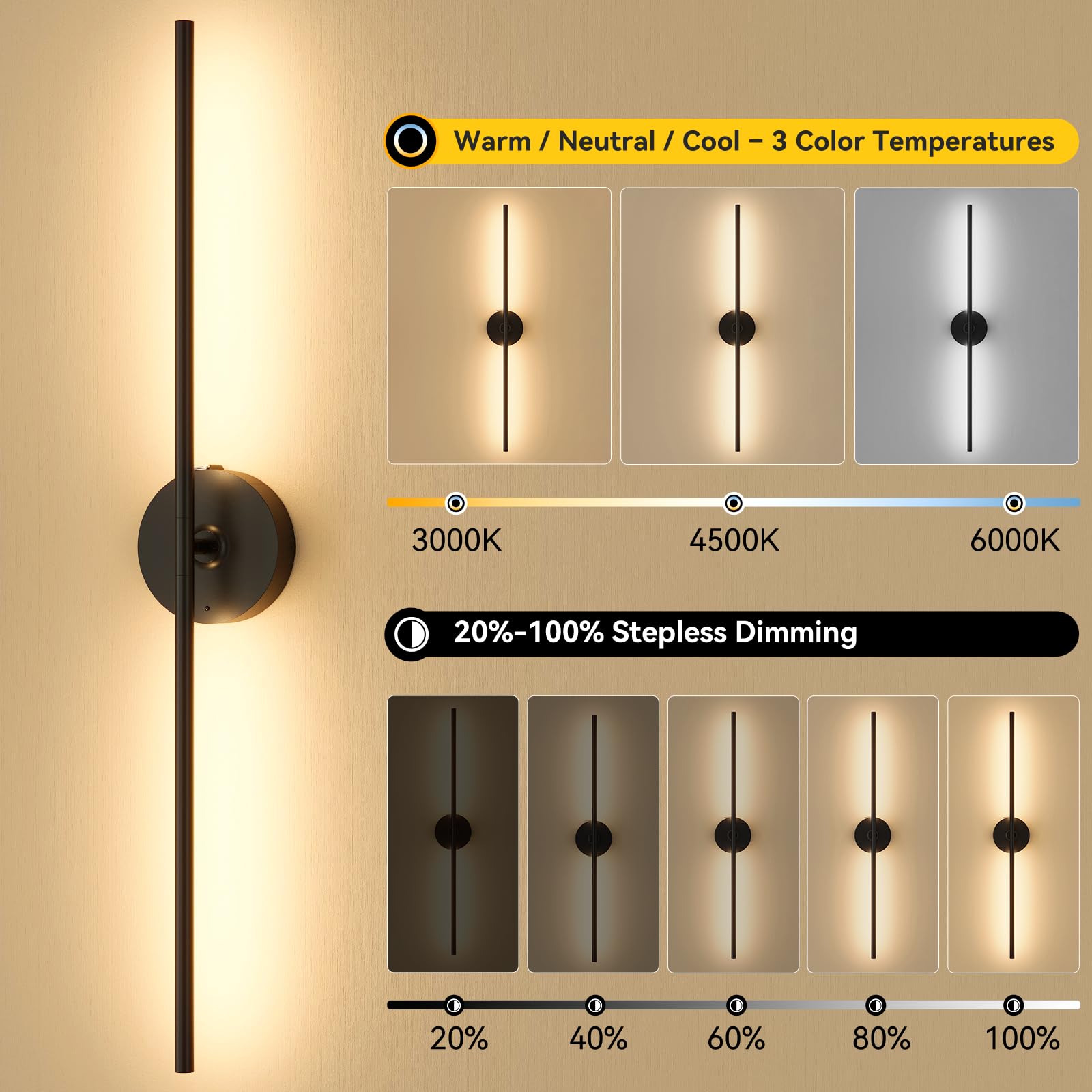 Set of 2 wireless rechargeable wall sconces, dimmable for home decor