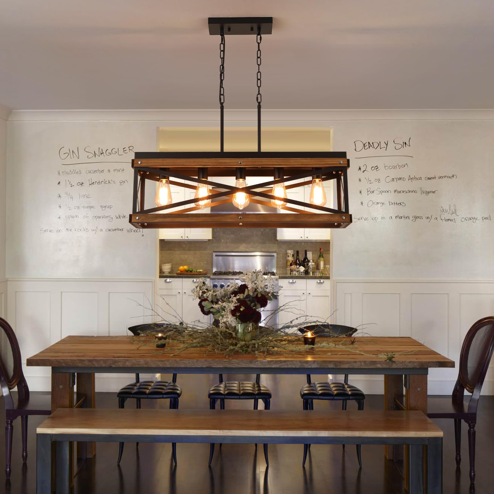 Oak Wood 5-Light Rectangular Farmhouse Pendant for Kitchen Decor